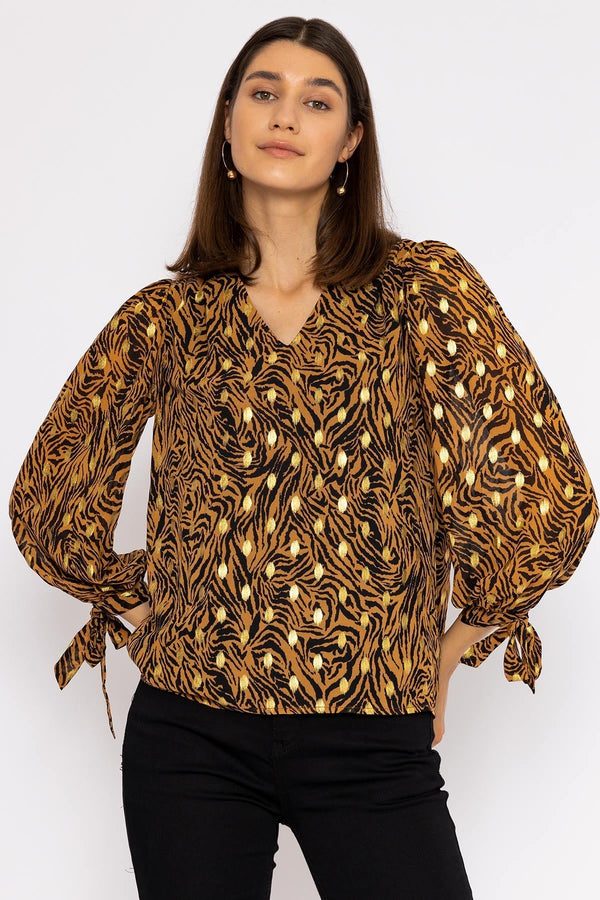 Carraig Donn V Neck Tie Sleeve Top in Gold Animal Print