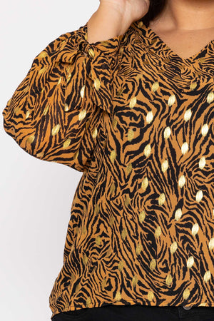 Carraig Donn V Neck Tie Sleeve Top in Gold Animal Print