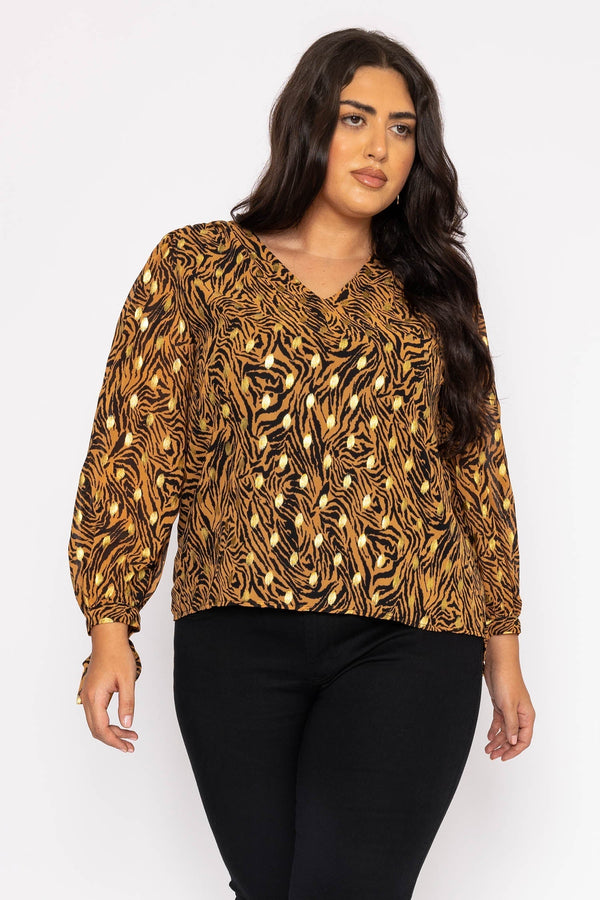 Carraig Donn V Neck Tie Sleeve Top in Gold Animal Print