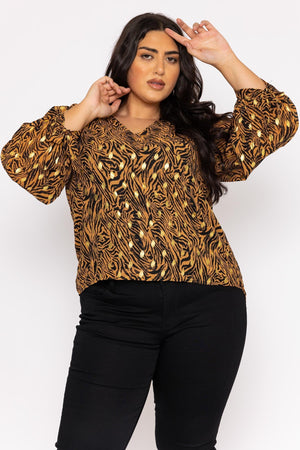 Carraig Donn V Neck Tie Sleeve Top in Gold Animal Print