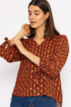 Carraig Donn V Neck Tie Sleeve Top in Multi Print