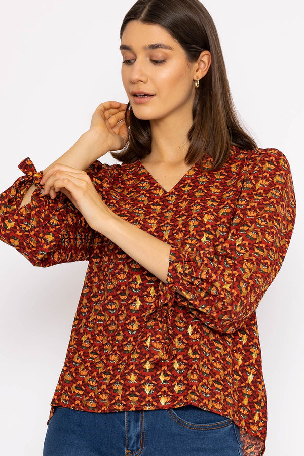 Carraig Donn V Neck Tie Sleeve Top in Multi Print