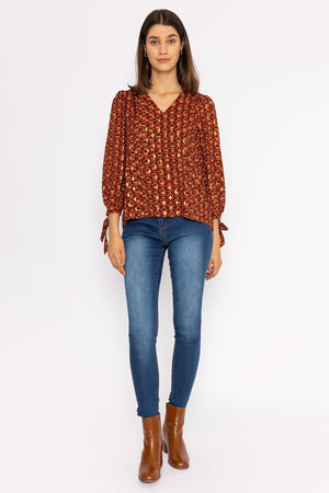 Carraig Donn V Neck Tie Sleeve Top in Multi Print
