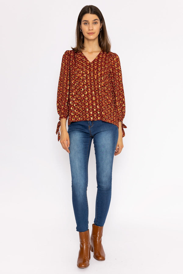 Carraig Donn V Neck Tie Sleeve Top in Multi Print