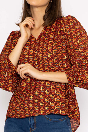 Carraig Donn V Neck Tie Sleeve Top in Multi Print