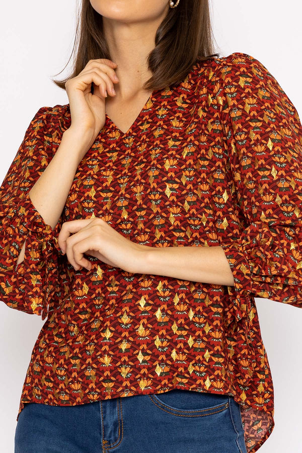 Carraig Donn V Neck Tie Sleeve Top in Multi Print
