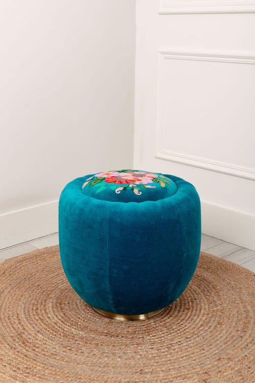 Velvet Floral Embroidered Footstool