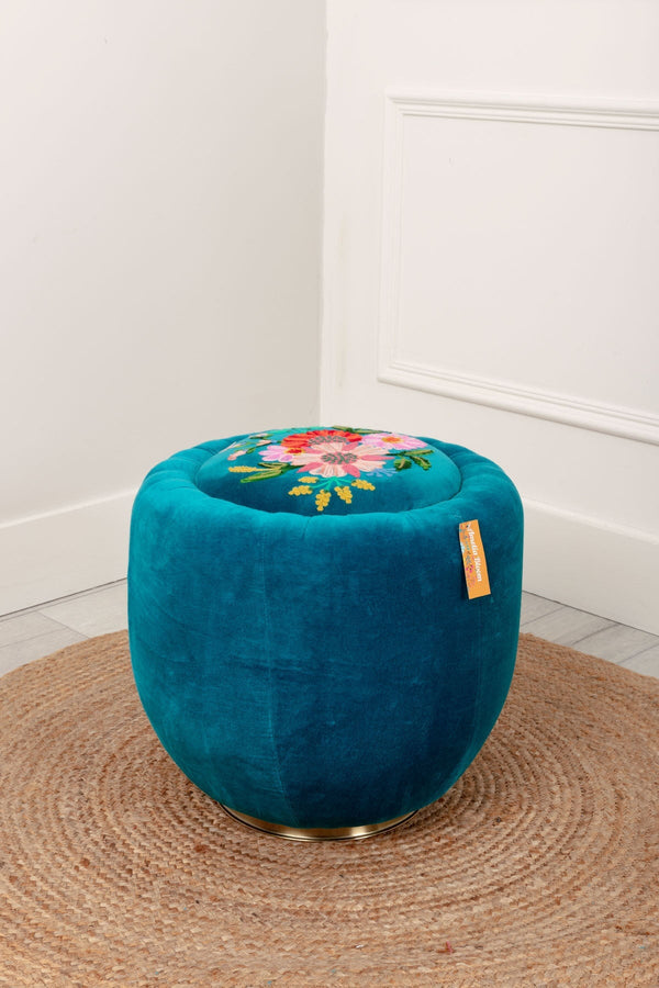 Carraig Donn Velvet Floral Embroidered Footstool