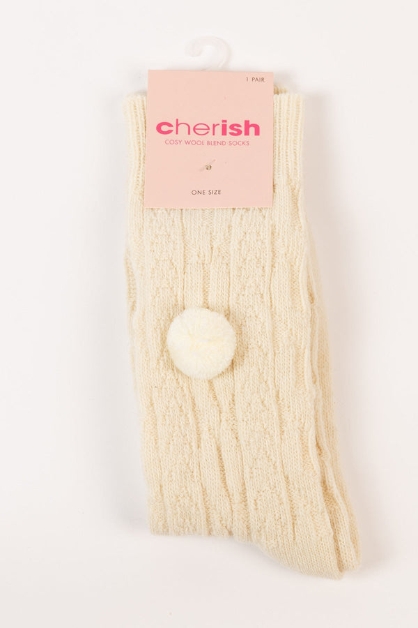 Carraig Donn Wool Blend Pom Pom Socks in Cream