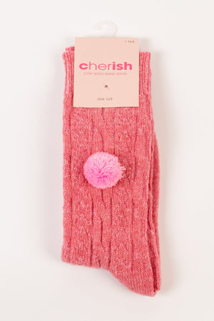 Carraig Donn Wool Blend Pom Pom Socks in Pink