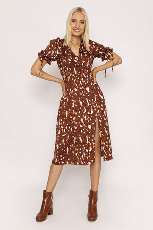 Carraig Donn Wrap Midi Dress in Brown